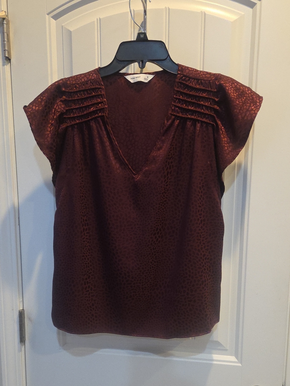 Nine West Burgundy Pintuck Leopard V-Neck Blouse